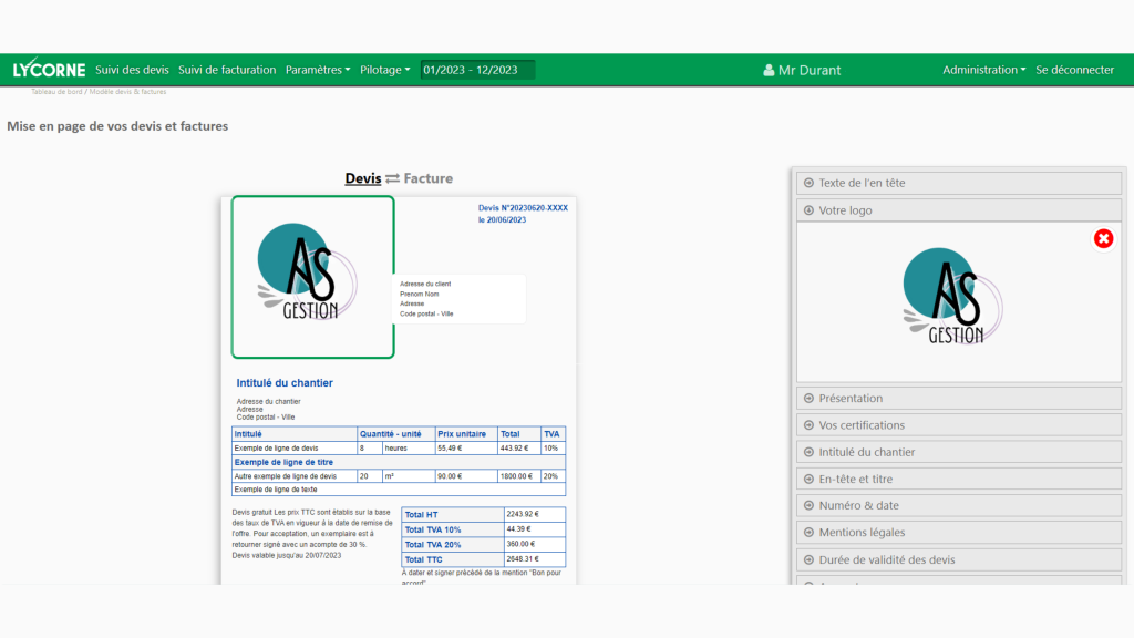 Exemple de personnalisation de devis sur le logiciel de suivi de rentabilité lycorne